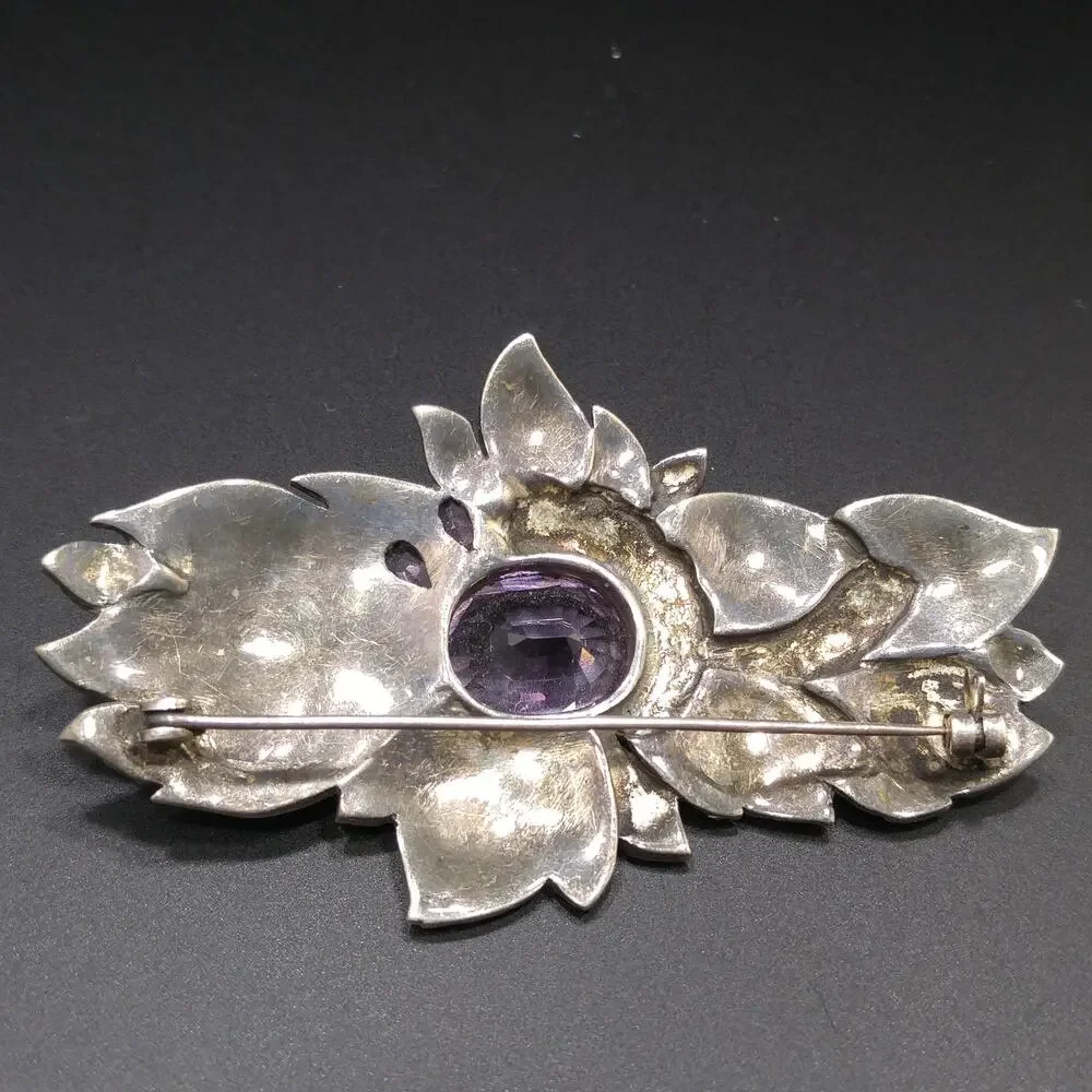 Amethyst Sterling Silver Marcasite Brooch, Artisan Made, 1950s Vintage Jewelry